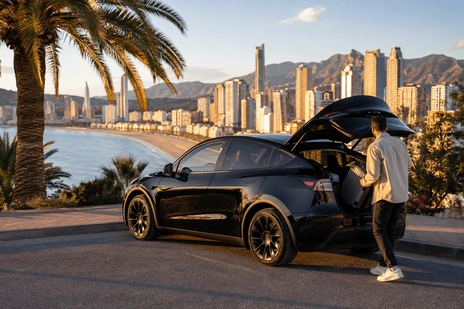 Alicante Airport to Benidorm transfer, private electric Tesla on the coastal road