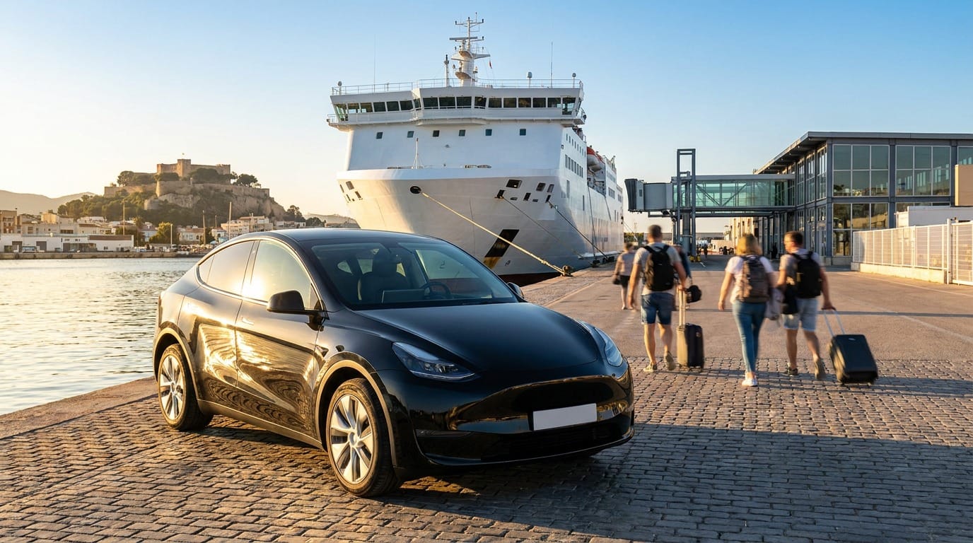 Alicante Airport to Denia transfer, private electric Tesla near the Denia ferry port